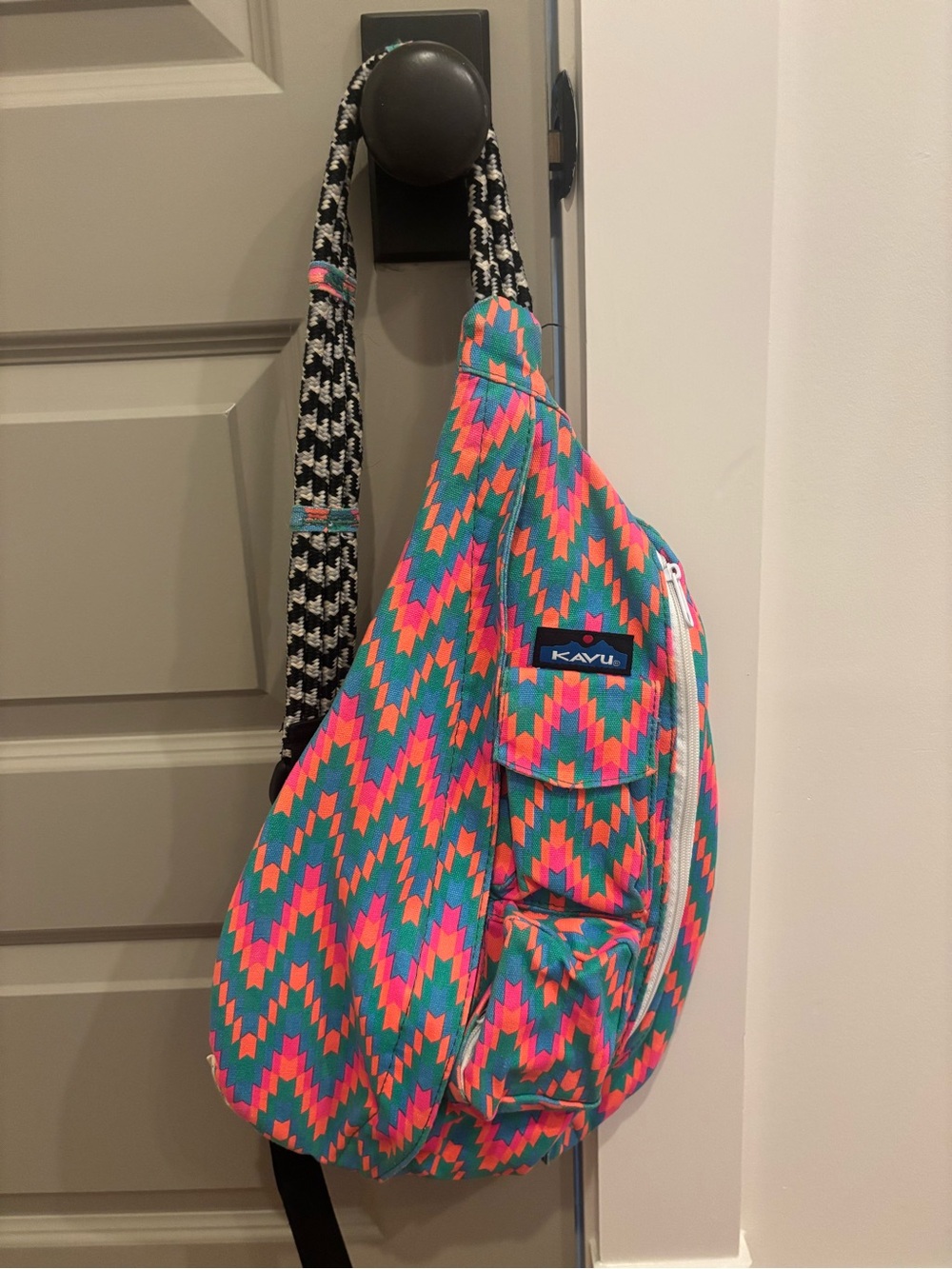 Kavu Teal Pink Orange Patterned Rope Sling Bag